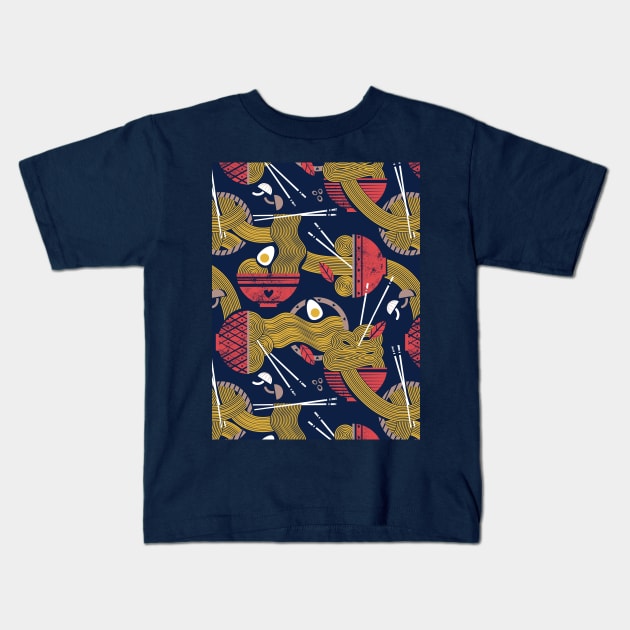 Noodles connection // pattern // midnight blue background teal and red bowls yellow pasta Kids T-Shirt by SelmaCardoso